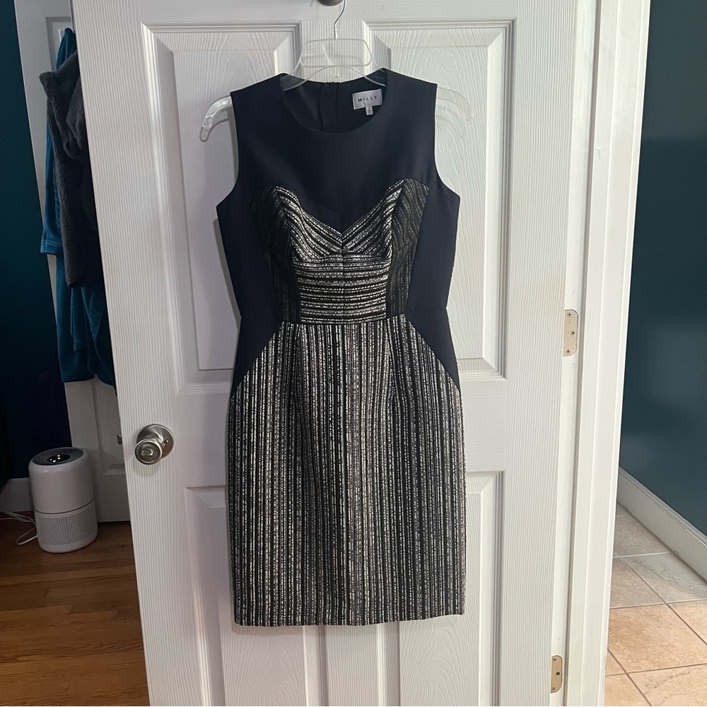 Milly Black and Silver Striped Midi Dress
